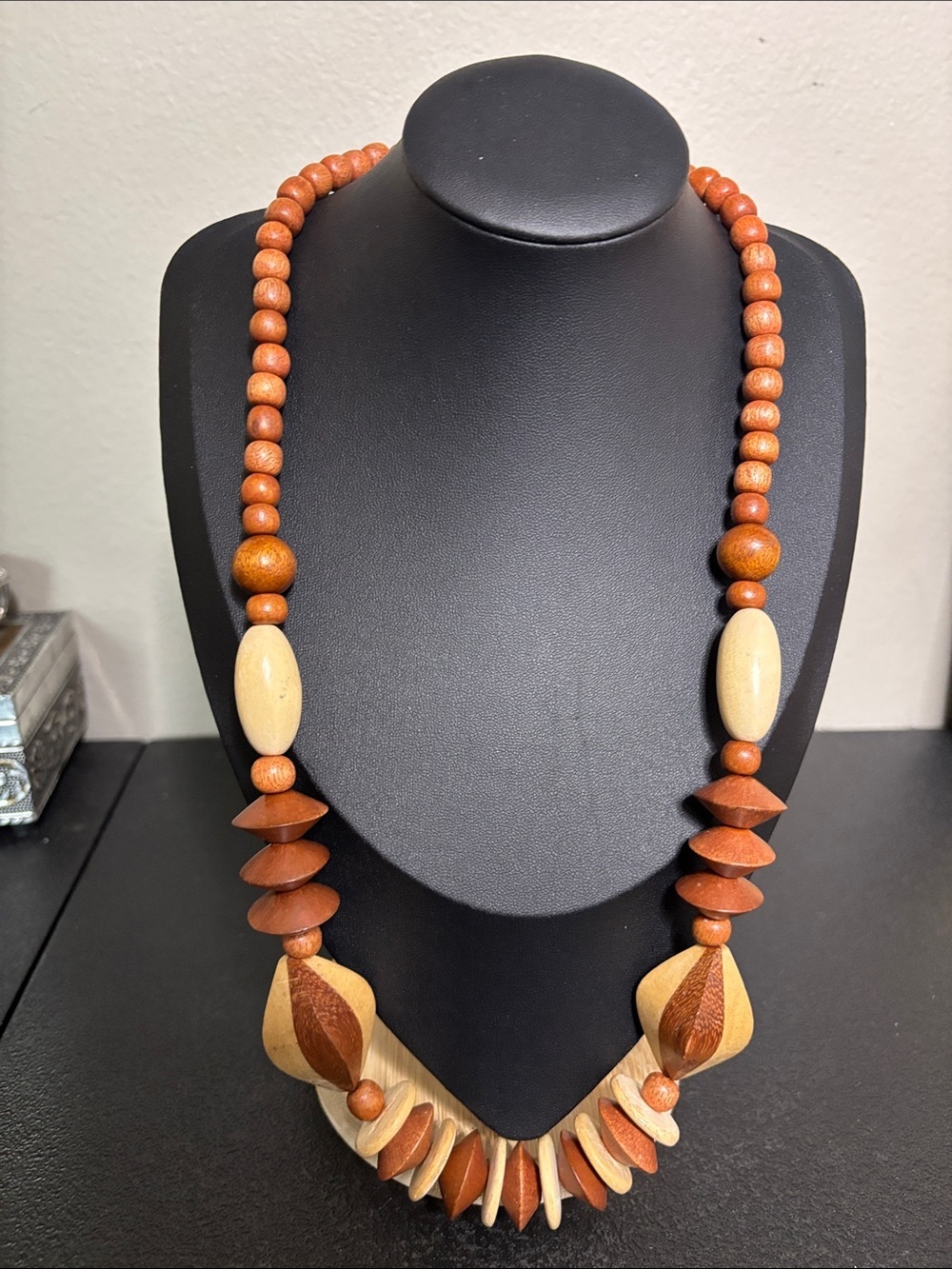 Vintage Handcrafted Boho Brown and Cream Wooden Beaded Necklace